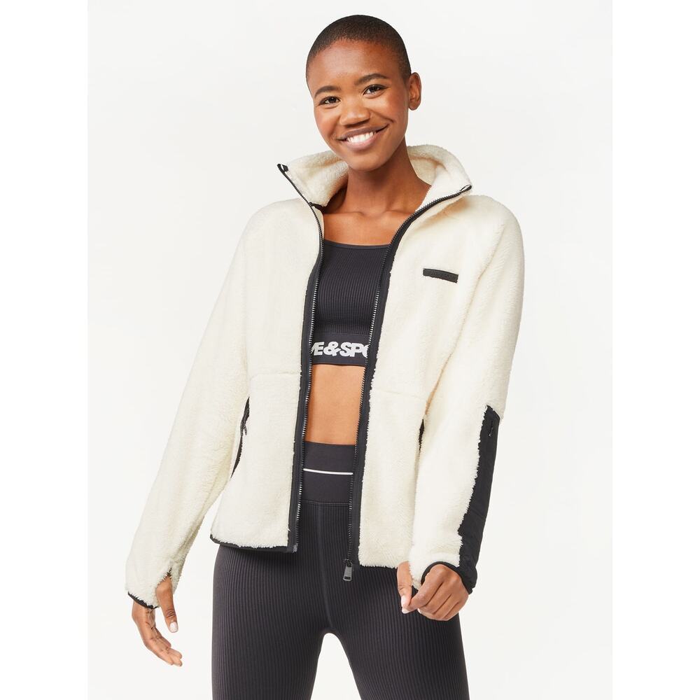Love & Sports Sherpa Fleece Jacket White Black Zip Up Cozy Pullover Large